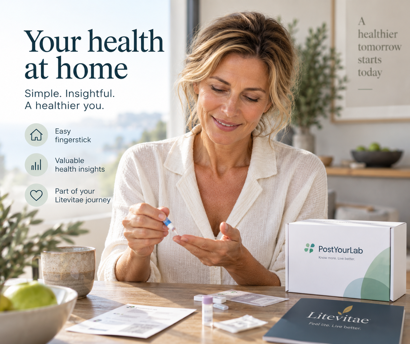 Woman completing an at-home PostYourLab blood biomarker fingerstick test for personalised metabolic health insights